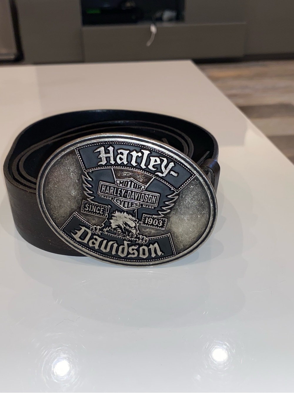 Harley-Davidson Black Leather Belt with Silver Eagle Buckle